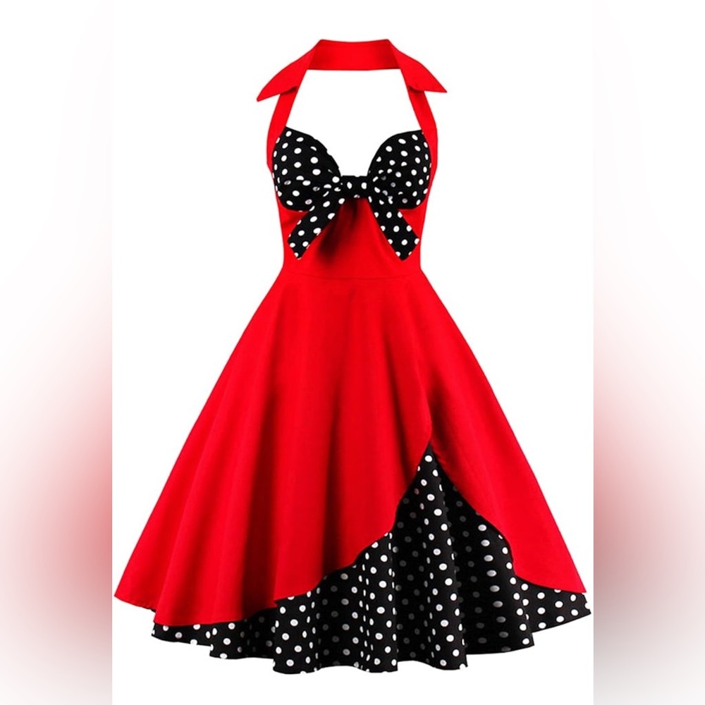 Red Polka Dot Halter Dress‎ Rockabilly Vintage 1950s Pinup Retro